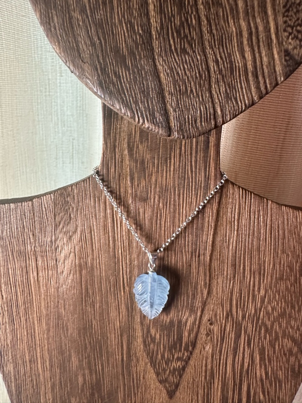 Small Aquamarine Leaf Pendant on Sterling Silver Bail and Silver Plated Chain - Picture 2 of 15